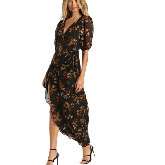 NEW Lulus Black Floral Wrap Dress S Autumnal Coquette Feminine Flirty Romantic - Picture 4 of 15
